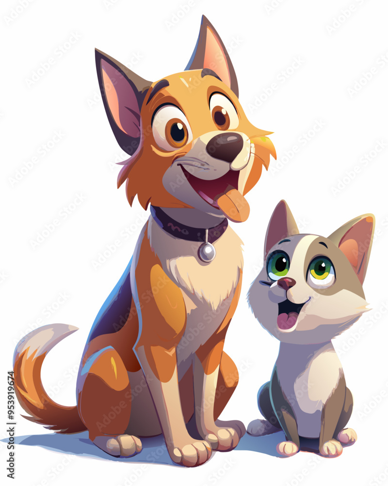 Obraz premium Adorable cat and dog friendship smiling, funny and fluffy kitten and puppy sitting together mascot. Cute cat and dog flat illustration cartoon.