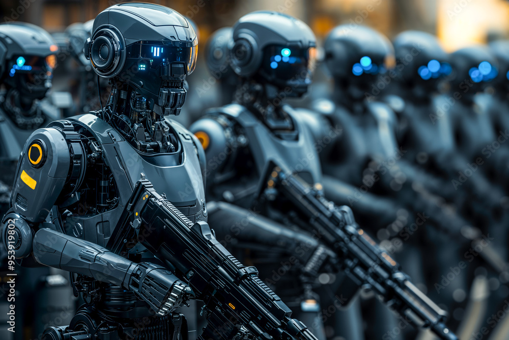 AI robot army, futuristic military technology, artificial intelligence in war AI robot army, futuristic military technology, artificial intelligence in war