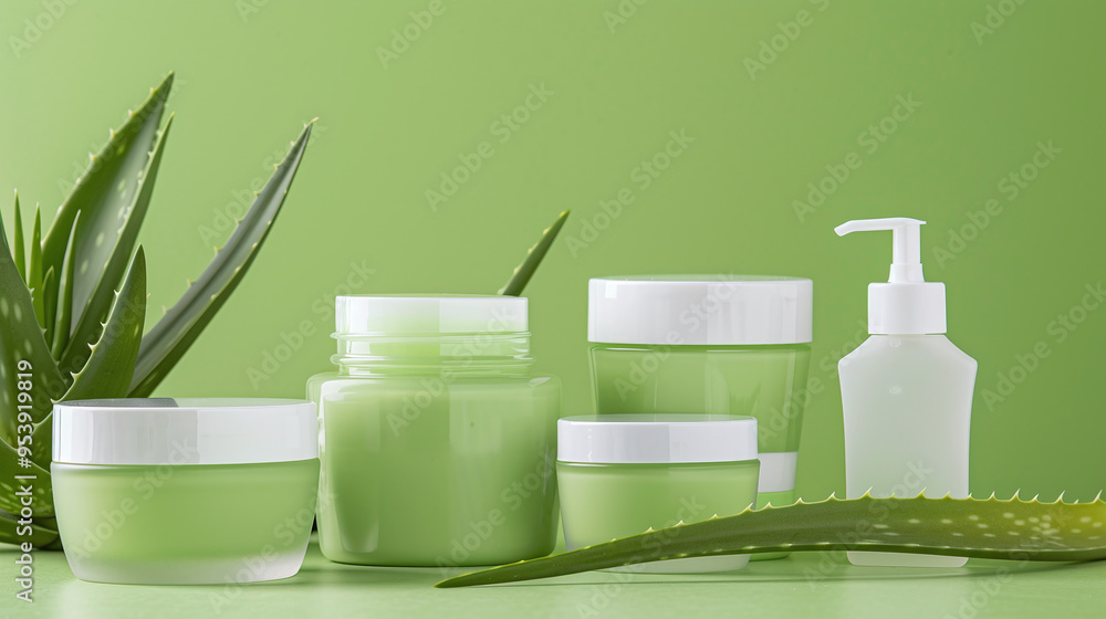 various sizes of unlabeled aloe vera product containers, minimalist green background, cosmetics mockup various sizes of unlabeled aloe vera product containers, minimalist green background, cosmetics mockup