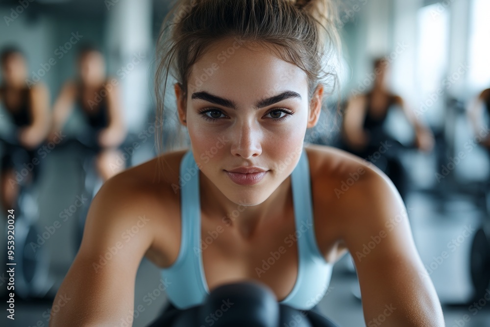 A focused woman works out on a stationary bike in a gym setting, with other participants in the background. Her intensity and determination are evident in her concentrated expression. A focused woman works out on a stationary bike in a gym setting, with other participants in the background. Her intensity and determination are evident in her concentrated expression.