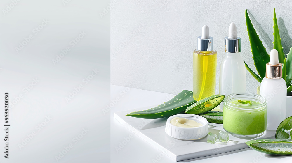 various unlabeled natural cosmetic products with aloe vera leaves, arranged on a white surface various unlabeled natural cosmetic products with aloe vera leaves, arranged on a white surface