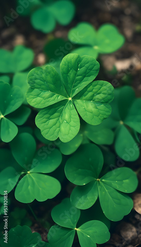 A close-up of a vibrant green four-leaf clover standing tall amidst a blurred green background. The leaves are glossy and well-defined, capturing the sunlight beautifully.