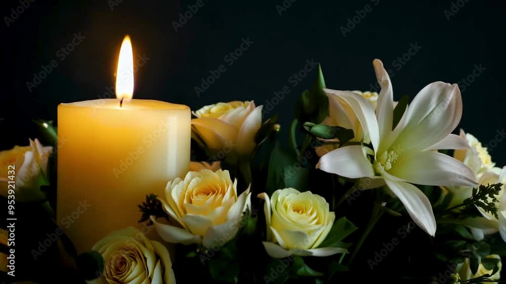 Funeral scene with burning candles and of white flowers as intimate atmosphere of sorrow. AI generated. Funeral scene with burning candles and of white flowers as intimate atmosphere of sorrow. AI generated.