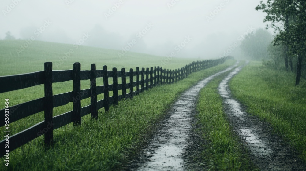 Misty rain falling on a quiet countryside, gentle weather, tranquil setting Misty rain falling on a quiet countryside, gentle weather, tranquil setting