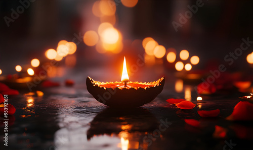 Background with diya (oil lamp) on the dark blurry background with bokeh. llustration for Diwali. Gudi Padwa. Ugadi festival in India. Marathi new year concept photo