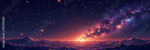 Pixelated huge nebula galaxy on alien planet horizon in universe. Panoramic deep space scene background in vintage pixel art style with dithering effect for 8-bit retro videogame. Vector illustration