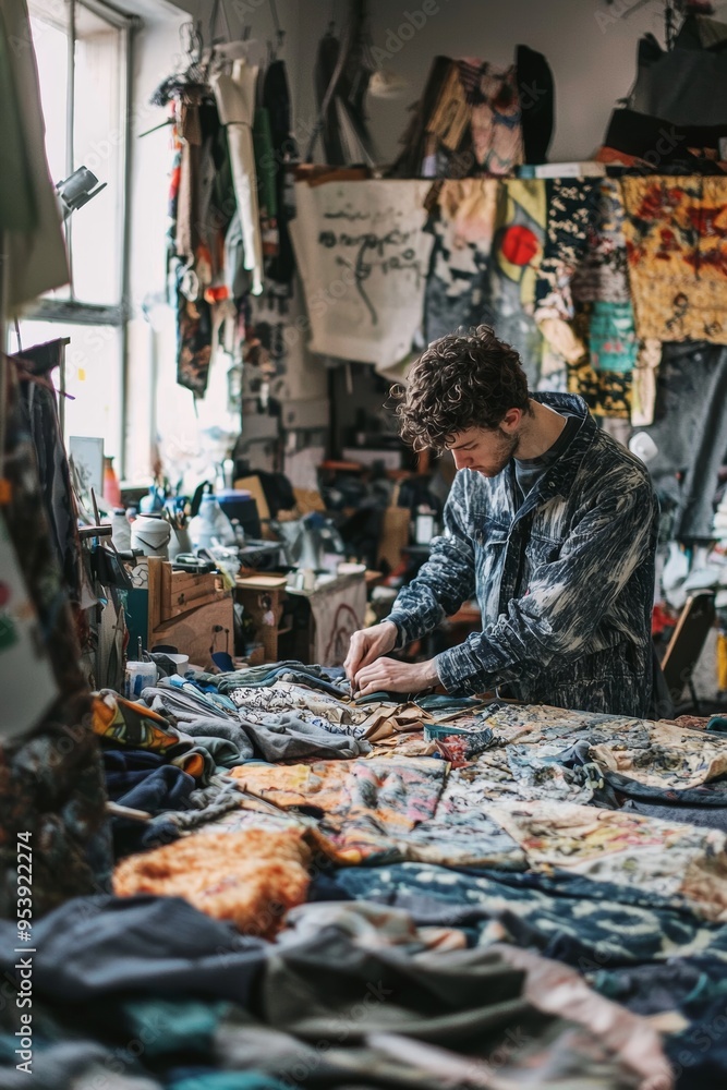 Upcycling Old Clothes into New Fashion Pieces in a Creative, Fabric-Filled Workspace Upcycling Old Clothes into New Fashion Pieces in a Creative, Fabric-Filled Workspace