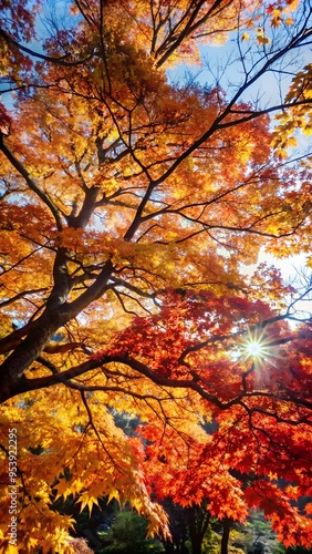 Sunlit Autumn Tree with Red and Orange Leaves Against Blue Sky