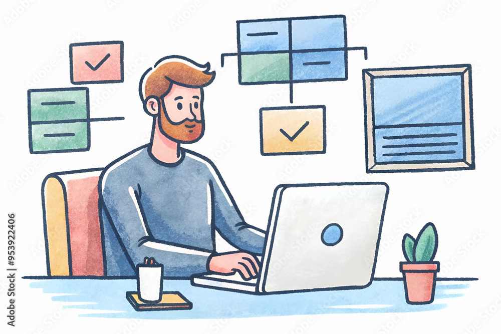 A man is sitting at a desk with a laptop and a cup of coffee. He is focused on his work and he is in a serious mood A man is sitting at a desk with a laptop and a cup of coffee. He is focused on his work and he is in a serious mood