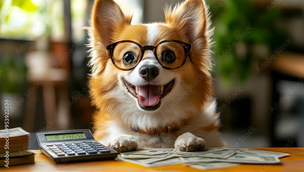 A cheerful dog wearing glasses sits at a desk surrounded by money and a calculator, embodying financial success and joy. A cheerful dog wearing glasses sits at a desk surrounded by money and a calculator, embodying financial success and joy.