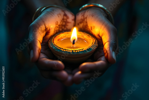 Close up hands holding diya (oil lamp). Diwali festive concept. Flat lay. Gudi Padwa. Ugadi festival in India. Marathi new year concept