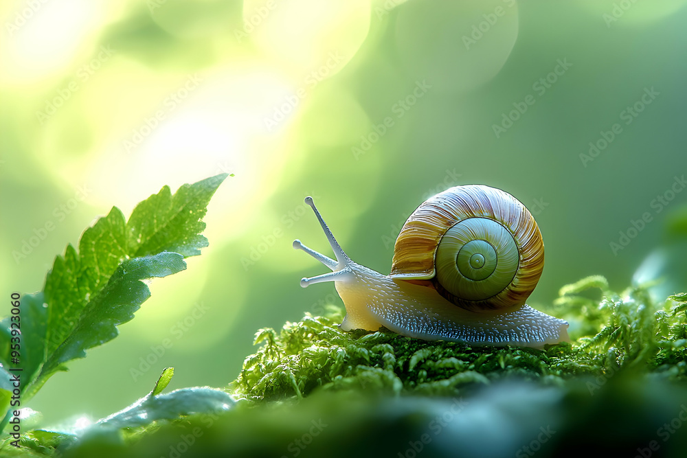 A close-up of a snail on vibrant green moss, showcasing its shell and delicate antennae in a serene, nature-filled environment. A close-up of a snail on vibrant green moss, showcasing its shell and delicate antennae in a serene, nature-filled environment.
