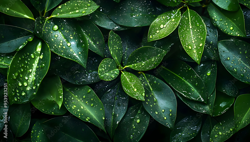 A close-up view of fresh green leaves with water droplets, showcasing nature's beauty and vibrant foliage. A close-up view of fresh green leaves with water droplets, showcasing nature's beauty and vibrant foliage.