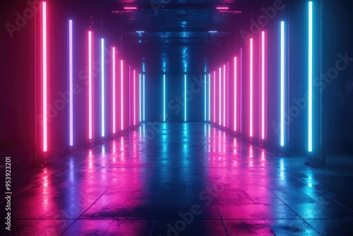 Wet Neon Lights Illuminating a Dark Hallway