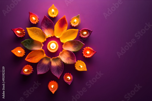 Festive purple background for greeting card, Happy Diwali Diya blank with copy space. Gudi Padwa. Ugadi festival in India. Marathi new year concept photo