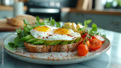 Delicious breakfast with avocado toast, eggs, and fresh vegetables in kitchen