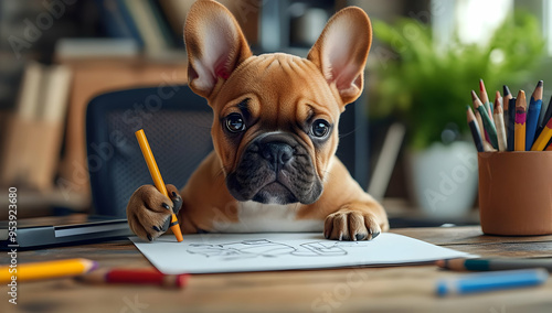 A cute French Bulldog puppy drawing with a pencil on paper, showcasing creativity and playful charm in a cozy workspace. photo