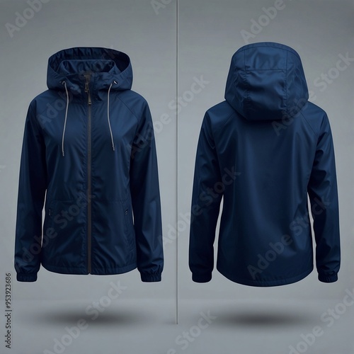 Dark blue windbreaker, mock up template, front and back view, isolated on white, plain Dark blue windbreaker,. Dark blue windbreaker, design presentation for print

