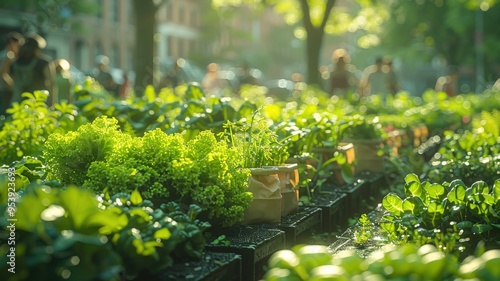 Vibrant Urban Garden Market with Fresh Green Vegetables and Herbs in Sunlit Morning, Local Community Gathering in the Background Under Lush TreesUrban garden photo