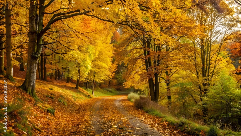 Fototapeta premium Autumn Forest Path with Vibrant Foliage and Sunlight