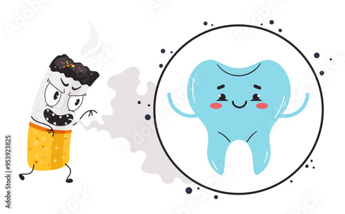 Tooth and cigarette characters. Vector flat cartoon illustration