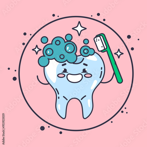 Tooth character in protective bubble. Germs characters attack. Vector flat cartoon illustration