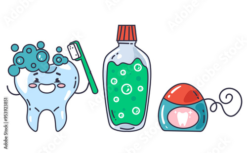 Toothpaste toothbrush dental mouthwash dental health abstract concept set. Vector graphic design illustration element