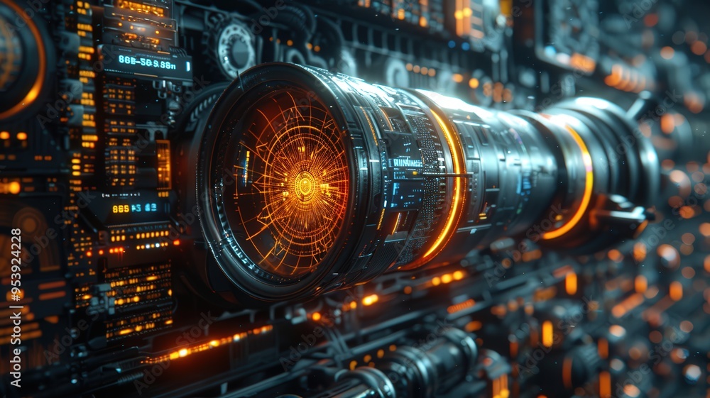 The image displays a futuristic high-tech machinery with intricate digital interface, glowing orange and blue lights, showing advanced technology in a cyberpunk style environmentfuturistic The image displays a futuristic high-tech machinery with intricate digital interface, glowing orange and blue lights, showing advanced technology in a cyberpunk style environmentfuturistic