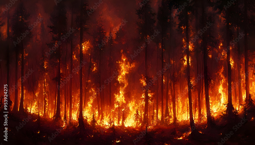A dramatic forest fire engulfing trees, creating an intense scene of flames and smoke in a darkened landscape. A dramatic forest fire engulfing trees, creating an intense scene of flames and smoke in a darkened landscape.