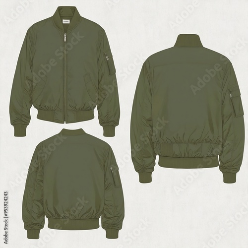 Olive green bomber jacket, mock up template, front and back view, isolated on white, plain Olive green bomber jacket,. Olive green bomber jacket, design presentation for print

