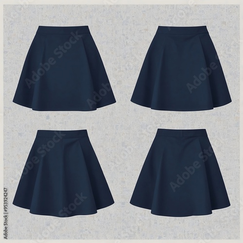 Navy Blue Skirt, mock up template, front and back view, isolated on white, plain Navy Blue Skirt,. Navy Blue Skirt, design presentation for print

