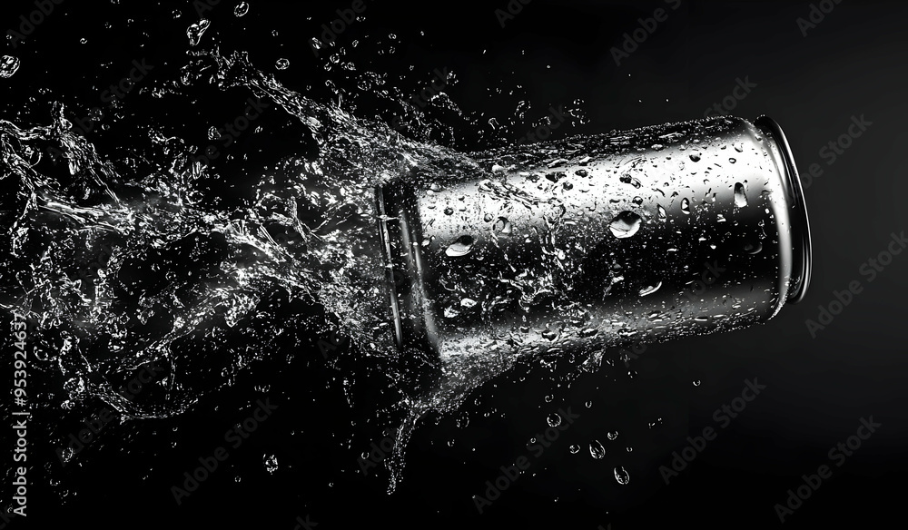 A dynamic photo of a metallic can splashing water, showcasing fluid motion and refreshing energy on a dark background. A dynamic photo of a metallic can splashing water, showcasing fluid motion and refreshing energy on a dark background.
