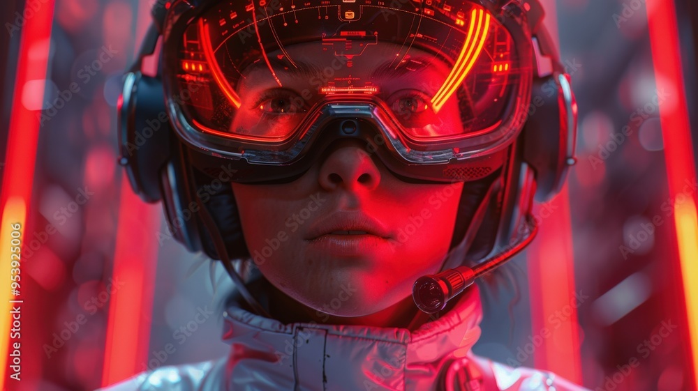 Futuristic Woman in Spacesuit and High-Tech Visor with Red Neon Lights Background Focused on Virtual Mission Control Technologyfuturistic Futuristic Woman in Spacesuit and High-Tech Visor with Red Neon Lights Background Focused on Virtual Mission Control Technologyfuturistic