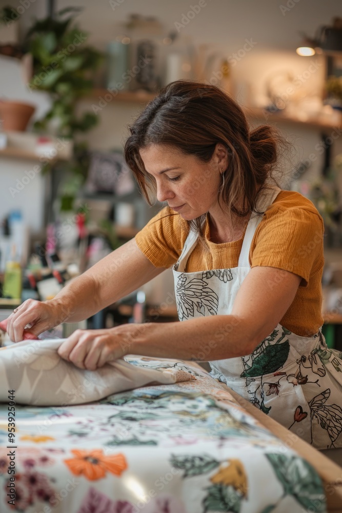 Fototapeta premium Creative Woman Building Custom Fabric Headboard in Cozy Workshop for Home Décor Inspiration