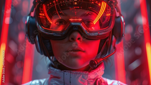 Futuristic Woman in Spacesuit and High-Tech Visor with Red Neon Lights Background Focused on Virtual Mission Control Technologyfuturistic photo