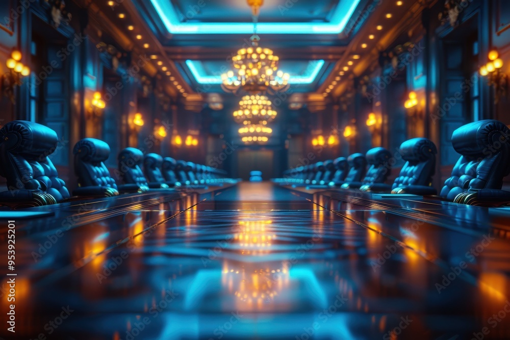 Obraz premium Stunning luxurious conference room with ornate chandeliers, illuminated blue and gold lighting, long polished table with black leather chairsopulent