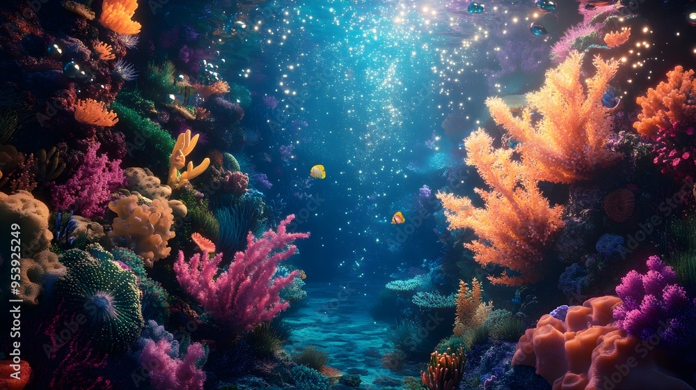 Fototapeta premium A dreamy underwater scene where sparkling stars drift like bubbles illuminating a surreal landscape of vibrant corals and gentle colorful fish swimming in a peaceful tranquil environment