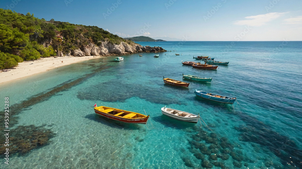 Colorful wooden boats on turquoise sea water. Tropical landscape with sailing boats. Tropical summer vacation Colorful wooden boats on turquoise sea water. Tropical landscape with sailing boats. Tropical summer vacation