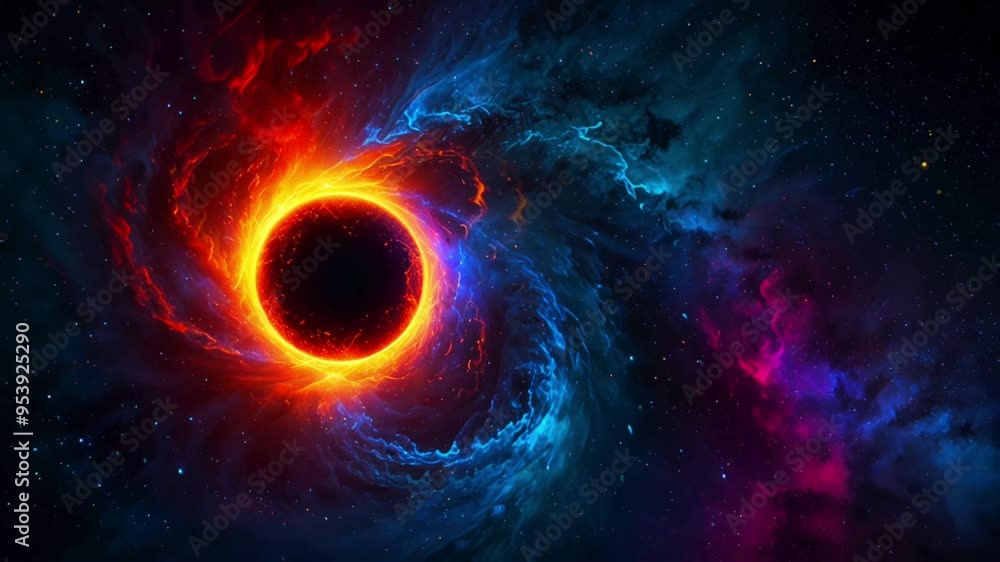 Background The phenomenon of the black hole vortex of the universe galaxy surrounded by cosmic energy. Galaxy wormhole, energy smoke wave, ring of fire vortex. Universe galaxy cosmic wallpaper. 4K