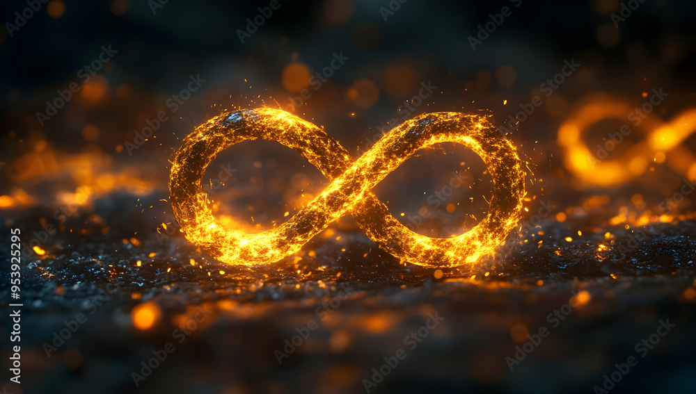 A glowing infinity symbol made of sparkling orange particles, representing endless possibilities and unique concepts. A glowing infinity symbol made of sparkling orange particles, representing endless possibilities and unique concepts.