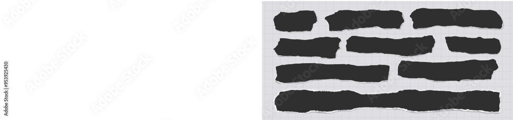 Set of torn black note paper pieces, strips are on grey background for text, notes or ad. Set of torn black note paper pieces, strips are on grey background for text, notes or ad.
