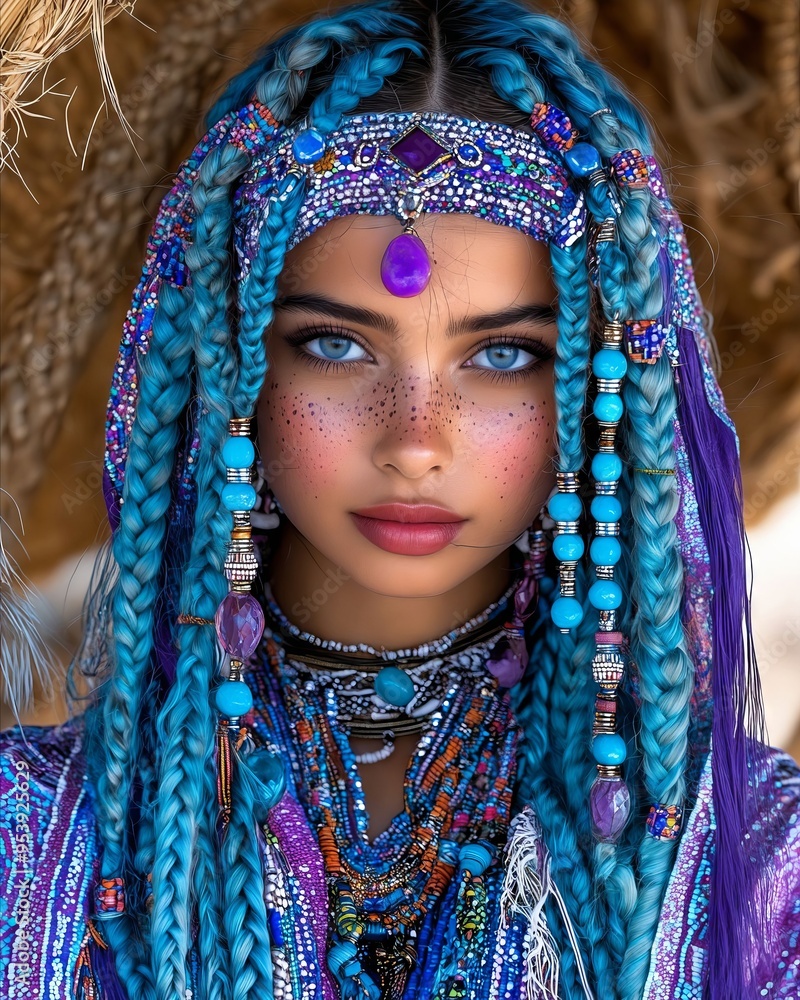 A woman with blue hair and a purple headpiece A woman with blue hair and a purple headpiece