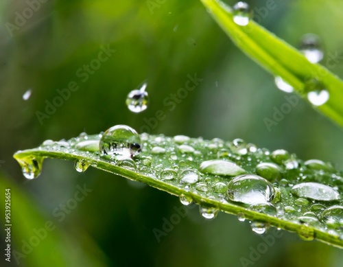 Raindrops Splashing on Leaf in Slow Motion with Detailed Water Beads