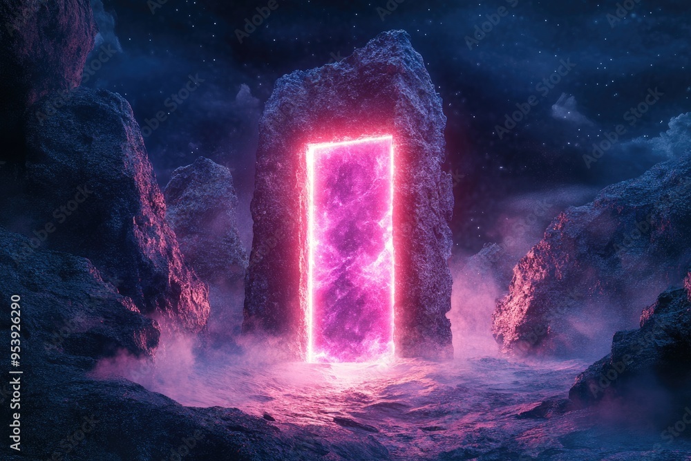 Glowing Pink Portal in a Rocky Landscape with a Starry Sky Glowing Pink Portal in a Rocky Landscape with a Starry Sky