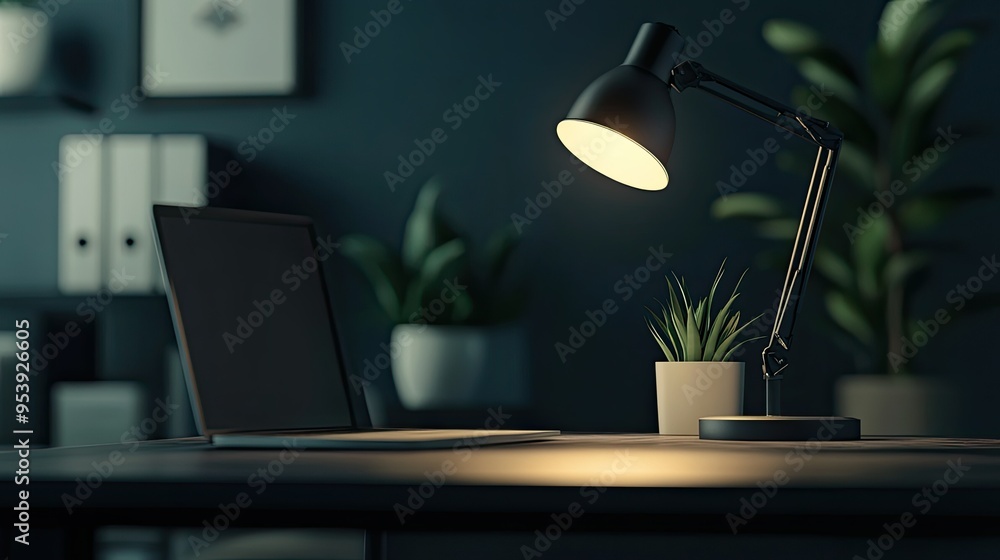 Modern stylish dark workspace tabletop with table lamp decor and copy space Modern stylish dark workspace tabletop with table lamp decor and copy space