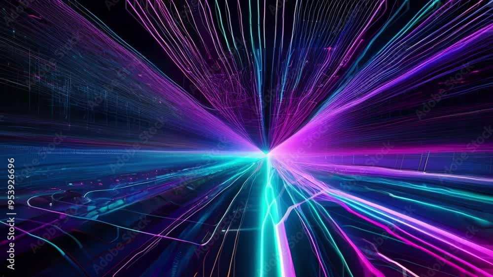 Abstract background with colorful neon lines moving in dark space. Natural power particles Colorful gradient wave energy lines are very beautiful. Futuristic signal network waves. 4K Abstract background with colorful neon lines moving in dark space. Natural power particles Colorful gradient wave energy lines are very beautiful. Futuristic signal network waves. 4K