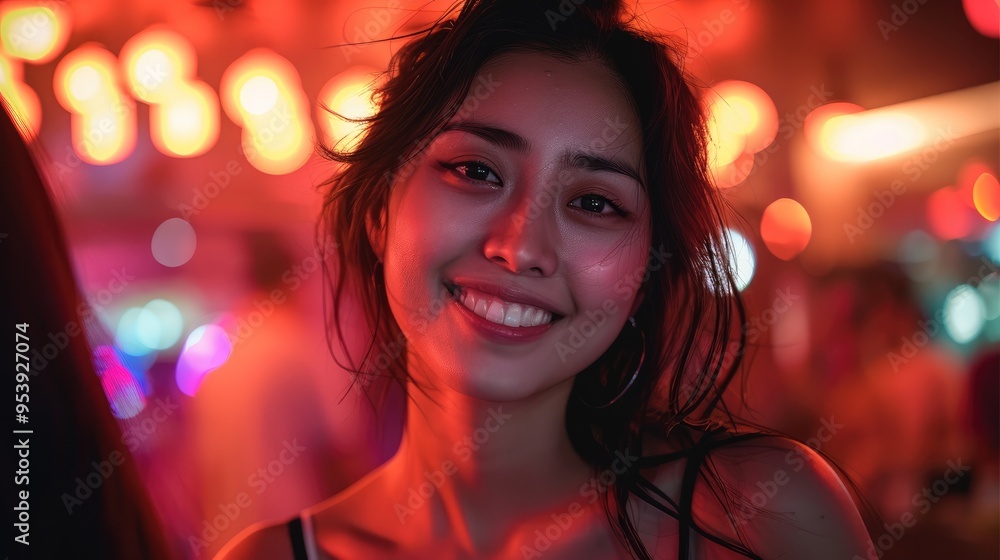 Happy smiling Chinese woman in club. Generative AI. Happy smiling Chinese woman in club. Generative AI.