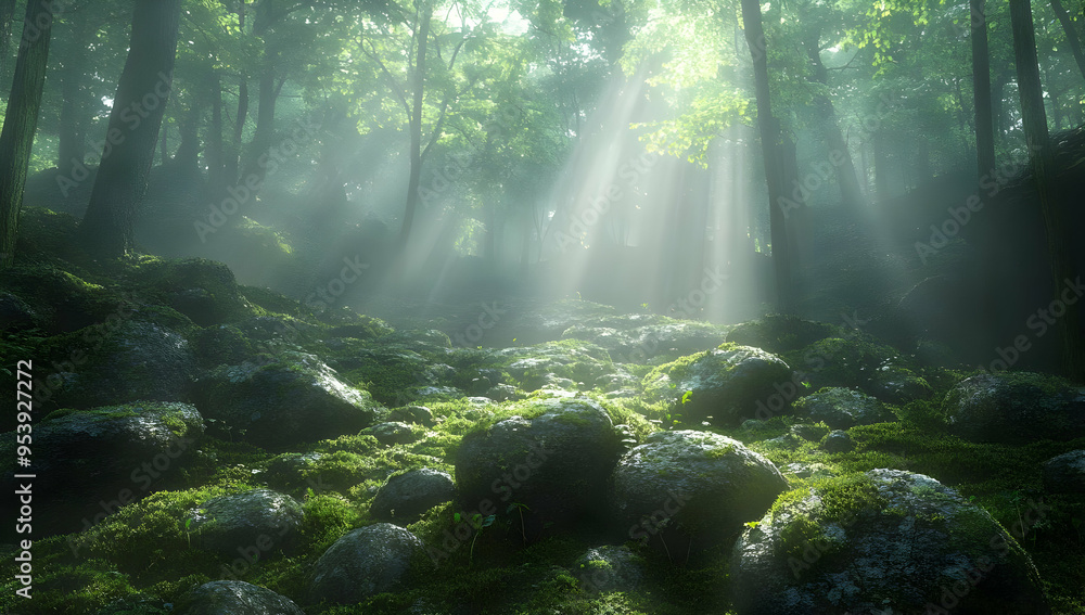 A serene forest scene with sunlight streaming through trees, illuminating rocks covered in moss, creating a tranquil atmosphere. A serene forest scene with sunlight streaming through trees, illuminating rocks covered in moss, creating a tranquil atmosphere.