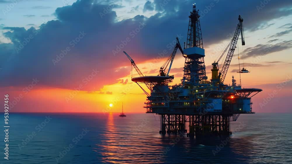 Stunning Offshore Oil Rig Platform at Sunset. Industrial Beauty at Dusk Over the Ocean Stunning Offshore Oil Rig Platform at Sunset. Industrial Beauty at Dusk Over the Ocean