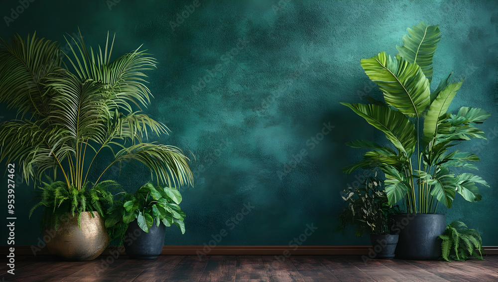 A serene interior scene featuring lush green plants against a textured dark green wall, ideal for nature and decor themes. A serene interior scene featuring lush green plants against a textured dark green wall, ideal for nature and decor themes.